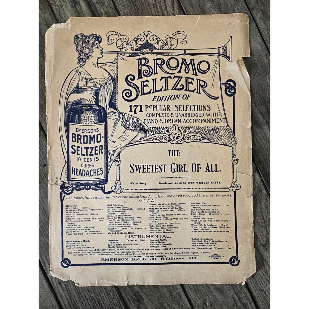 Antique 1900s Bromo Seltzer Sheet Music Emerson Drug Store Atlanta Sweetest Girl